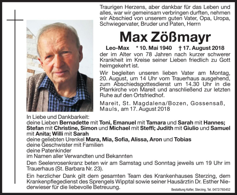  Traueranzeige für Max Zößmayr vom 18.08.2018 aus Dolomiten