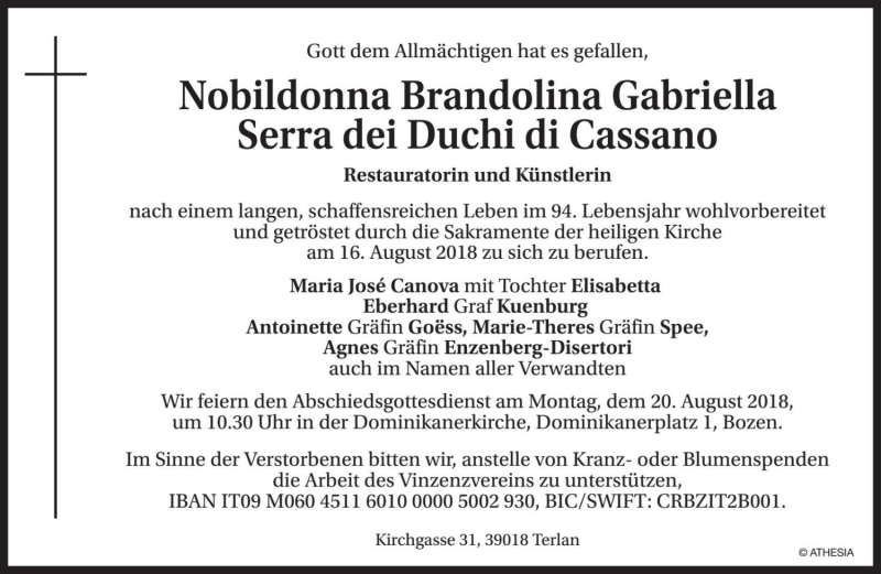  Traueranzeige für Nobildonna Brandolina Gabriella Serra dei  Duchi di Cassano vom 18.08.2018 aus Dolomiten