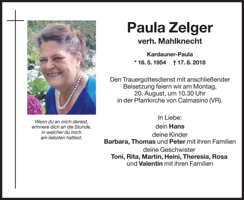  Traueranzeige für Paula Mahlknecht vom 18.08.2018 aus Dolomiten