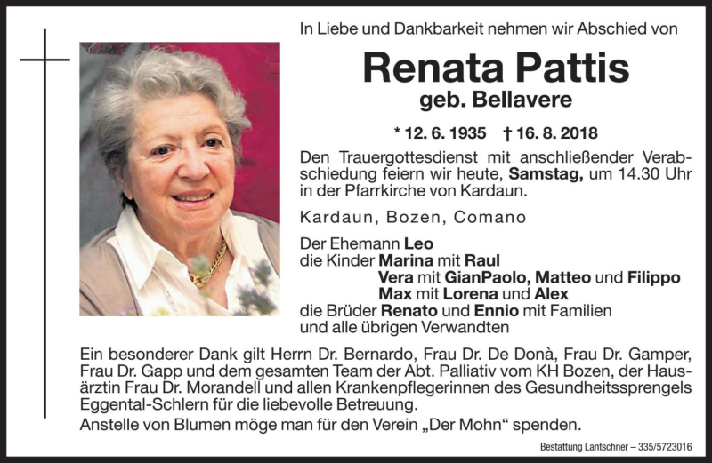  Traueranzeige für Renata Pattis vom 18.08.2018 aus Dolomiten