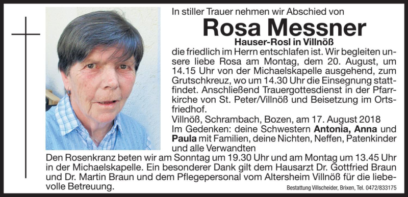  Traueranzeige für Rosa Messner vom 18.08.2018 aus Dolomiten