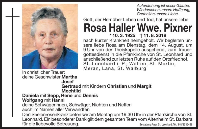  Traueranzeige für Rosa Pixner vom 13.08.2018 aus Dolomiten