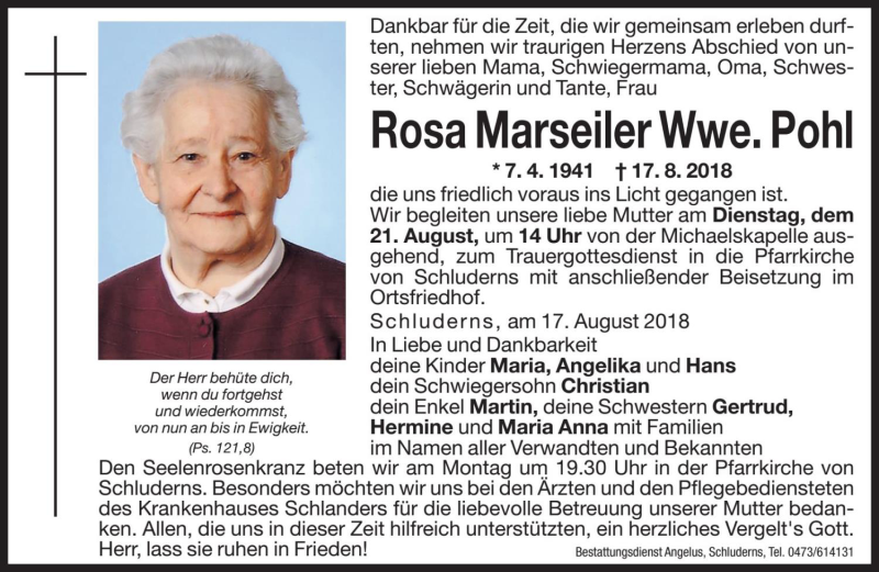  Traueranzeige für Rosa Pohl vom 20.08.2018 aus Dolomiten