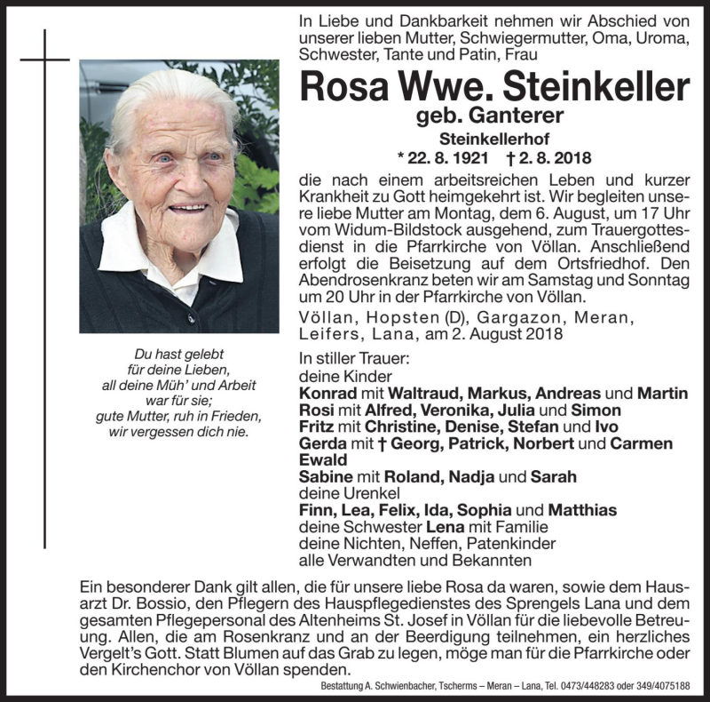  Traueranzeige für Rosa Steinkeller vom 04.08.2018 aus Dolomiten