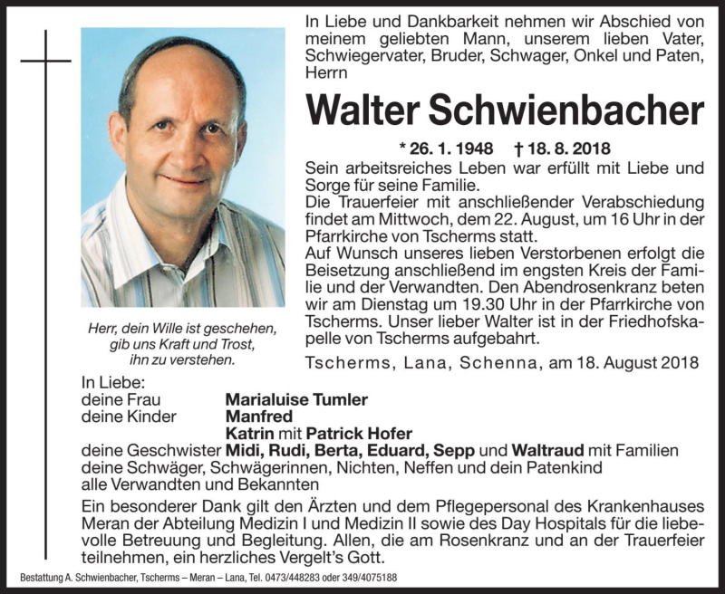  Traueranzeige für Walter Schwienbacher vom 20.08.2018 aus Dolomiten