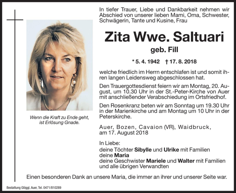  Traueranzeige für Zita Saltuari vom 18.08.2018 aus Dolomiten