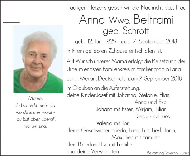  Traueranzeige für Anna Beltrami vom 12.09.2018 aus Dolomiten