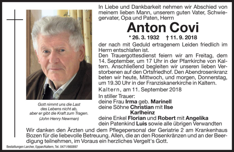  Traueranzeige für Anton Covi vom 12.09.2018 aus Dolomiten
