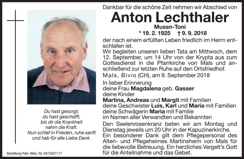  Traueranzeige für Anton Lechthaler vom 10.09.2018 aus Dolomiten