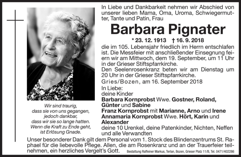  Traueranzeige für Barbara Pignater vom 17.09.2018 aus Dolomiten