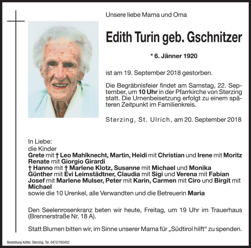  Traueranzeige für Edith Turin vom 21.09.2018 aus Dolomiten