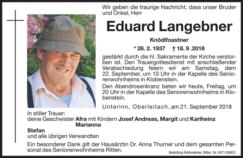  Traueranzeige für Eduard Langebner vom 21.09.2018 aus Dolomiten
