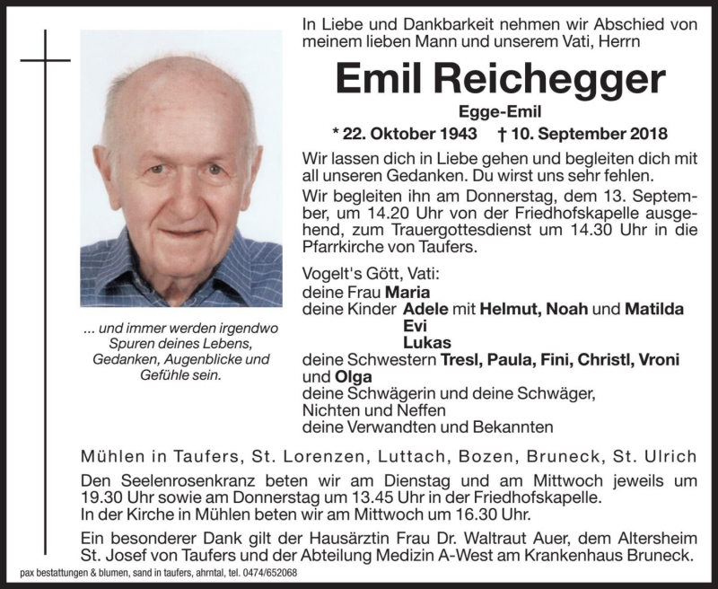  Traueranzeige für Emil Reichegger vom 11.09.2018 aus Dolomiten