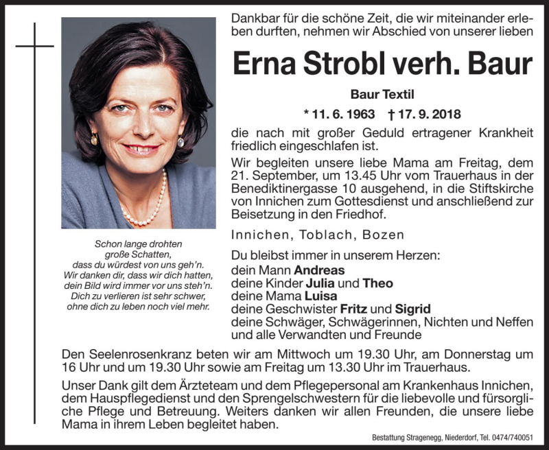  Traueranzeige für Erna Baur vom 19.09.2018 aus Dolomiten