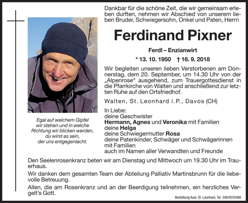  Traueranzeige für Ferdinand Pixner vom 18.09.2018 aus Dolomiten