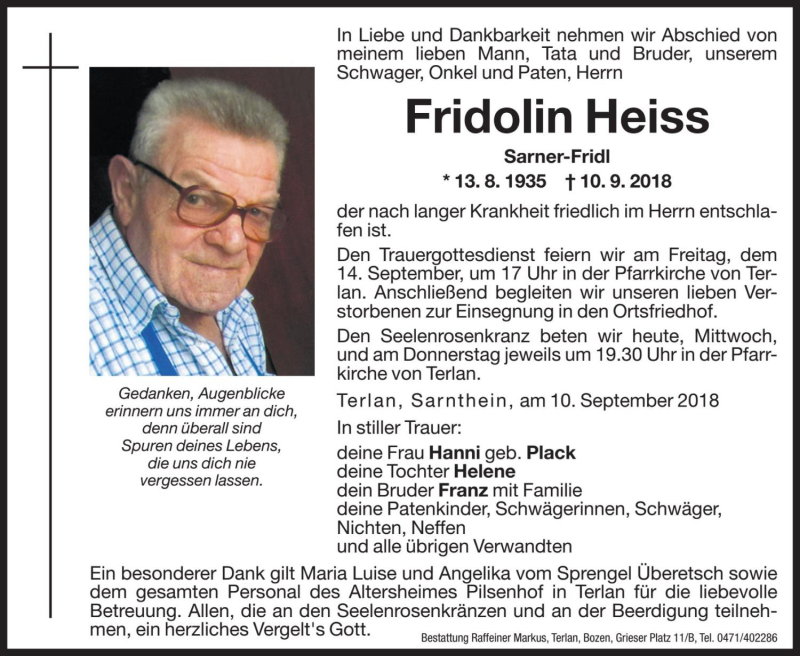 Traueranzeige für Fridolin Heiss vom 12.09.2018 aus Dolomiten