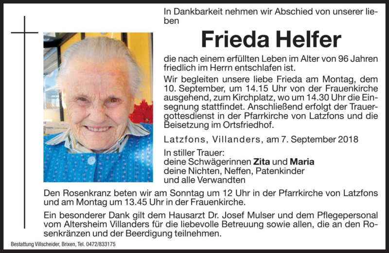  Traueranzeige für Frieda Helfer vom 08.09.2018 aus Dolomiten