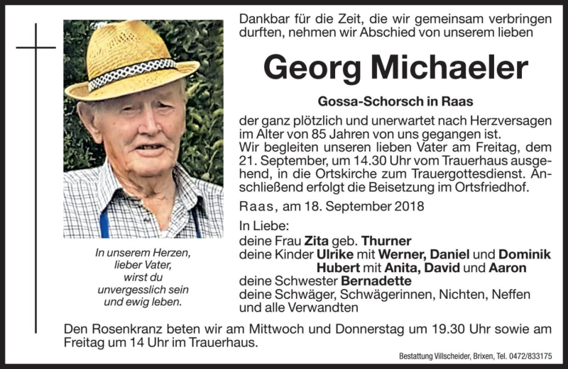  Traueranzeige für Georg Michaeler vom 19.09.2018 aus Dolomiten