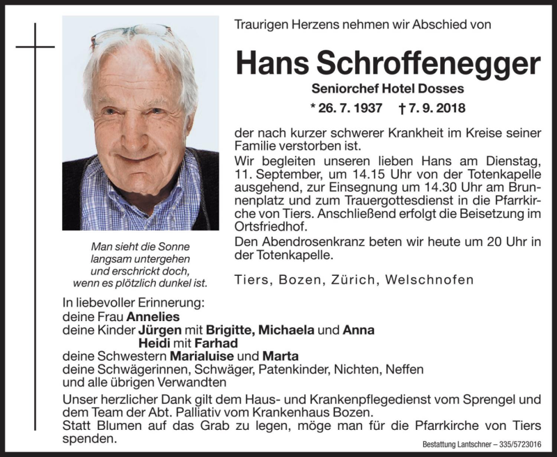  Traueranzeige für Hans Schroffenegger vom 10.09.2018 aus Dolomiten