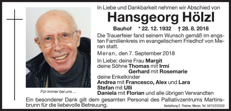  Traueranzeige für Hansgeorg Hölzl vom 07.09.2018 aus Dolomiten