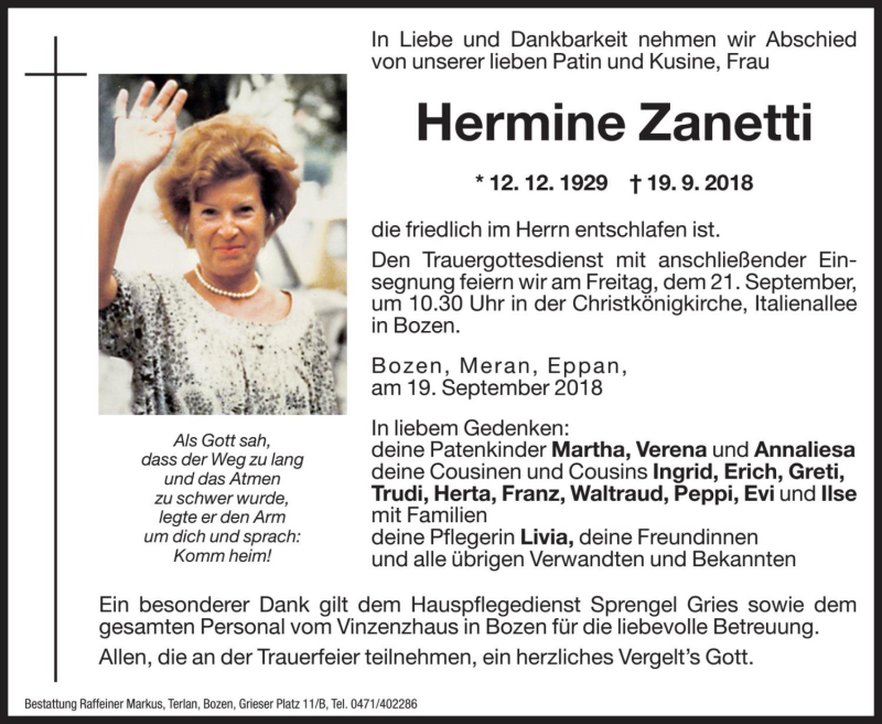  Traueranzeige für Hermine Zanetti vom 20.09.2018 aus Dolomiten
