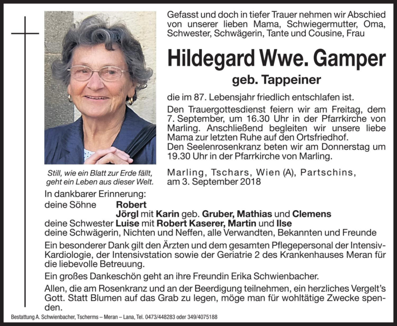  Traueranzeige für Hildegard Gamper vom 05.09.2018 aus Dolomiten
