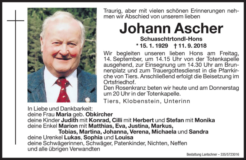  Traueranzeige für Johann Ascher vom 12.09.2018 aus Dolomiten