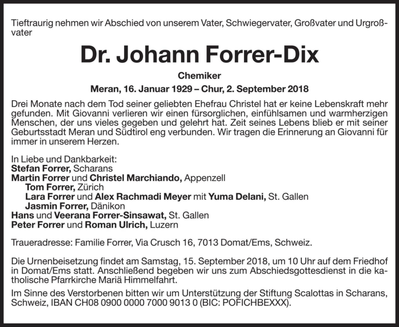  Traueranzeige für Johann Forrer-Dix vom 08.09.2018 aus Dolomiten