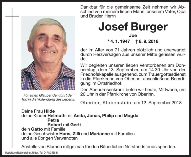  Traueranzeige für Josef Burger  vom 12.09.2018 aus Dolomiten