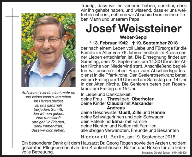  Traueranzeige für Josef Weissteiner vom 21.09.2018 aus Dolomiten