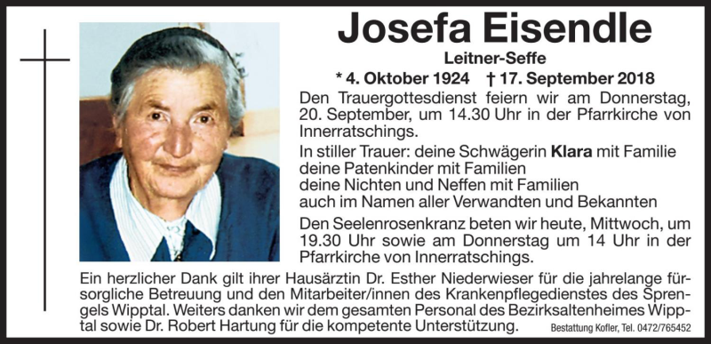  Traueranzeige für Josefa Eisendle vom 19.09.2018 aus Dolomiten