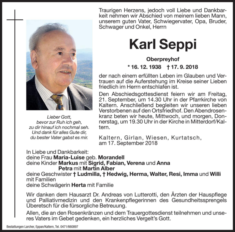  Traueranzeige für Karl Seppi vom 19.09.2018 aus Dolomiten