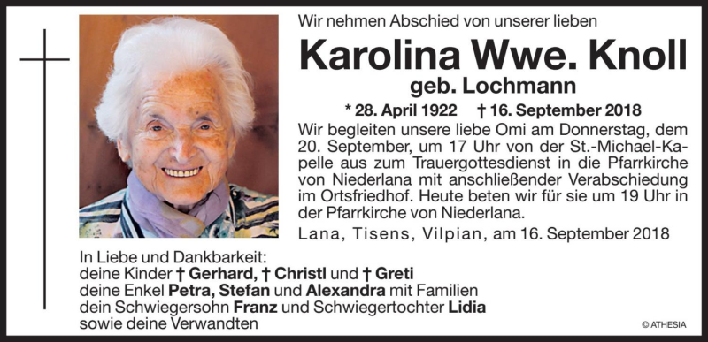  Traueranzeige für Karolina Knoll vom 19.09.2018 aus Dolomiten