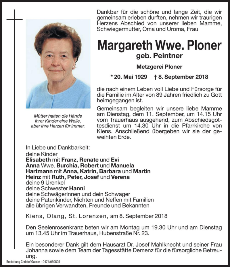  Traueranzeige für Margareth Ploner vom 10.09.2018 aus Dolomiten