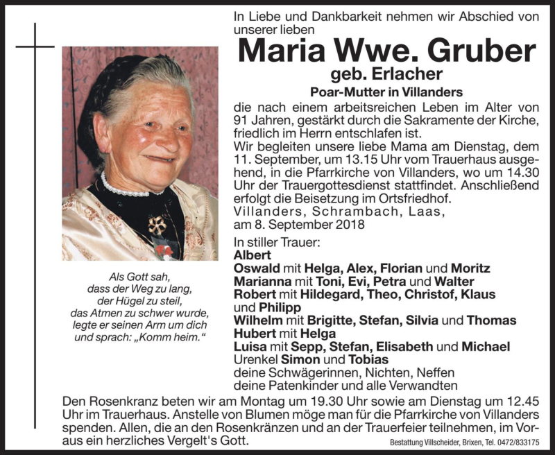  Traueranzeige für Maria Gruber vom 10.09.2018 aus Dolomiten