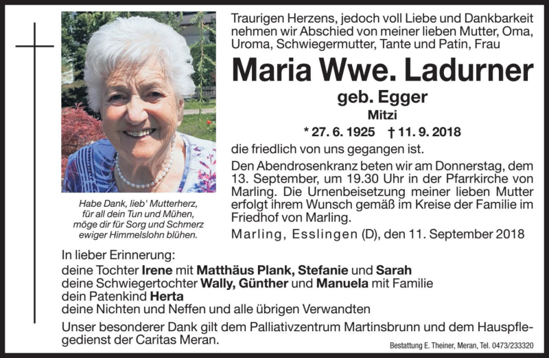  Traueranzeige für Maria Ladurner vom 13.09.2018 aus Dolomiten