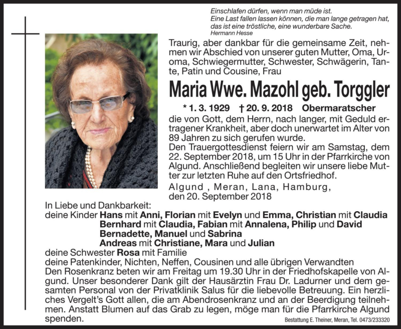  Traueranzeige für Maria Mazohl vom 21.09.2018 aus Dolomiten
