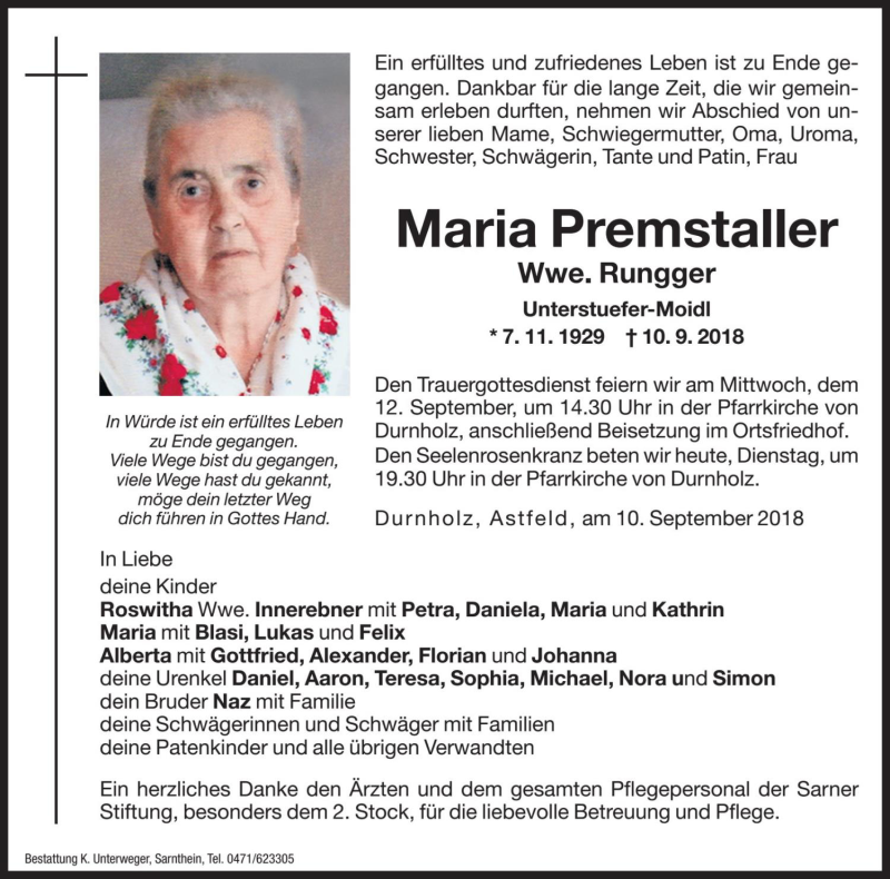  Traueranzeige für Maria Rungger vom 11.09.2018 aus Dolomiten
