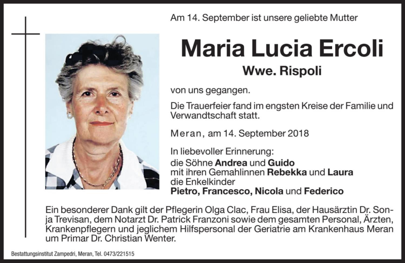  Traueranzeige für Maria Lucia Rispoli vom 18.09.2018 aus Dolomiten