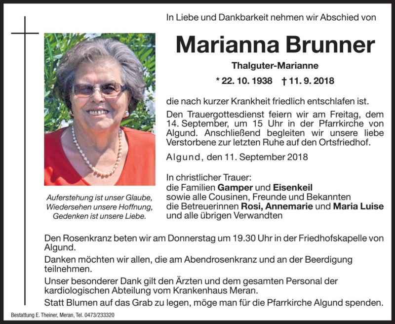  Traueranzeige für Marianna Brunner vom 12.09.2018 aus Dolomiten