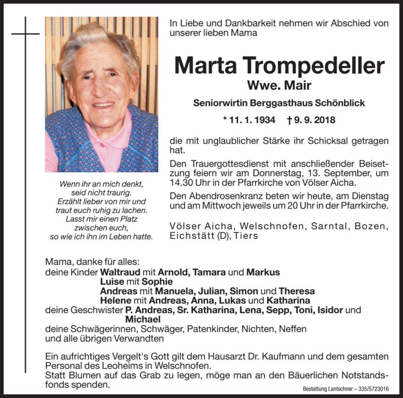  Traueranzeige für Marta Mair vom 10.09.2018 aus Dolomiten