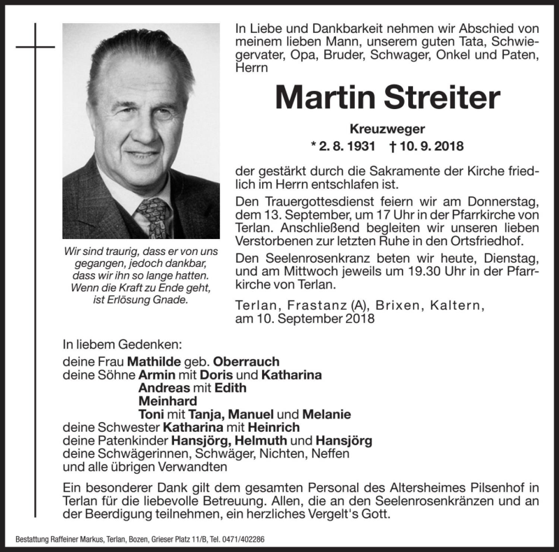  Traueranzeige für Martin Streiter vom 11.09.2018 aus Dolomiten
