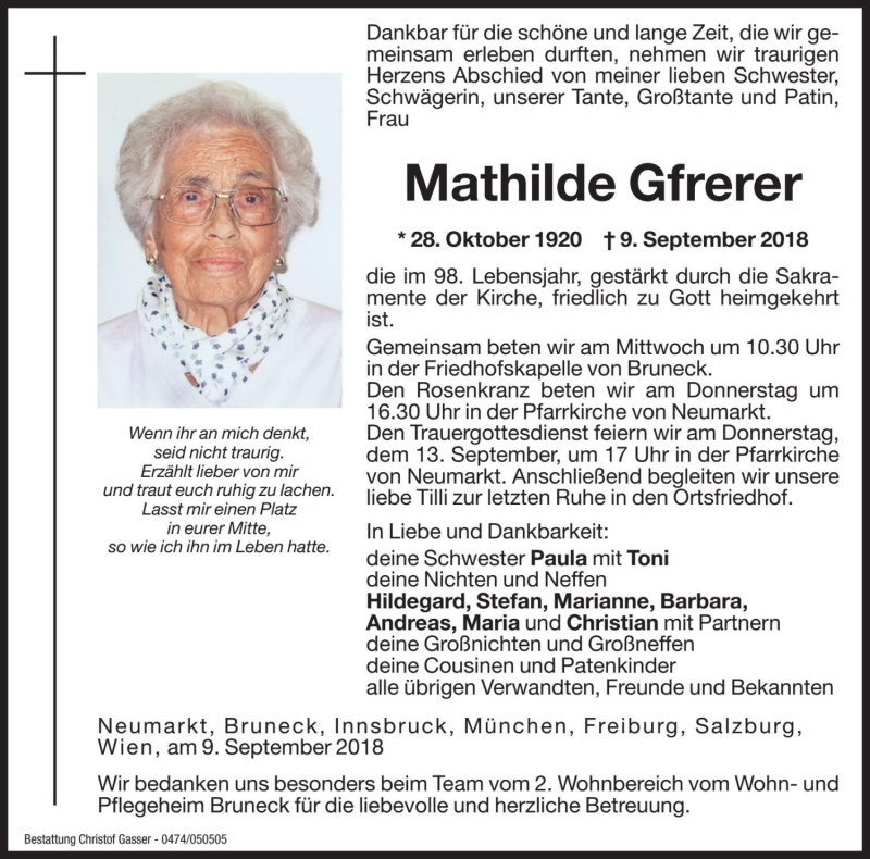  Traueranzeige für Mathilde Gfrerer vom 11.09.2018 aus Dolomiten