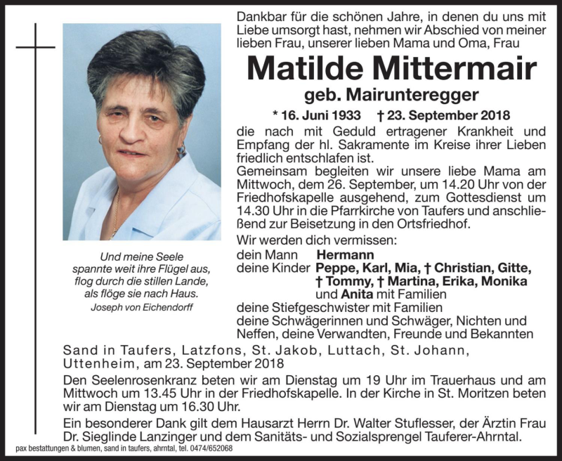  Traueranzeige für Matilde Mittermair vom 25.09.2018 aus Dolomiten