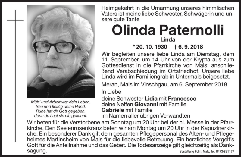  Traueranzeige für Olinda Paternolli vom 08.09.2018 aus Dolomiten