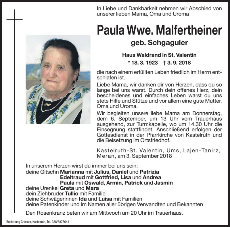  Traueranzeige für Paula Malfertheiner vom 05.09.2018 aus Dolomiten