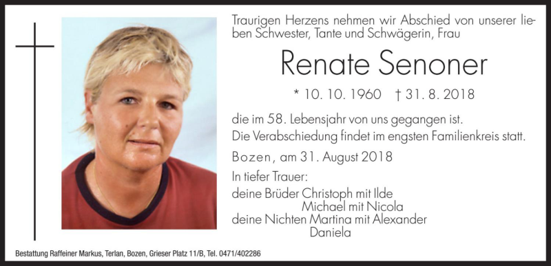  Traueranzeige für Renate Senoner vom 01.09.2018 aus Dolomiten