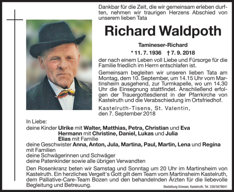  Traueranzeige für Richard Waldpoth vom 08.09.2018 aus Dolomiten