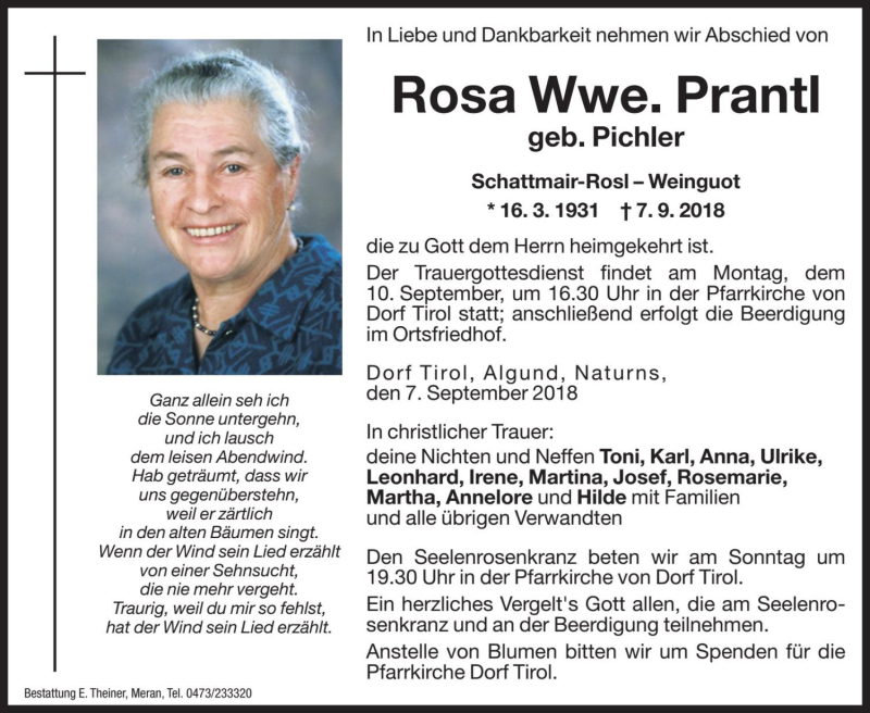  Traueranzeige für Rosa Prantl vom 08.09.2018 aus Dolomiten