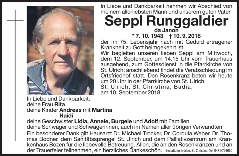  Traueranzeige für Seppl Runggaldier vom 11.09.2018 aus Dolomiten